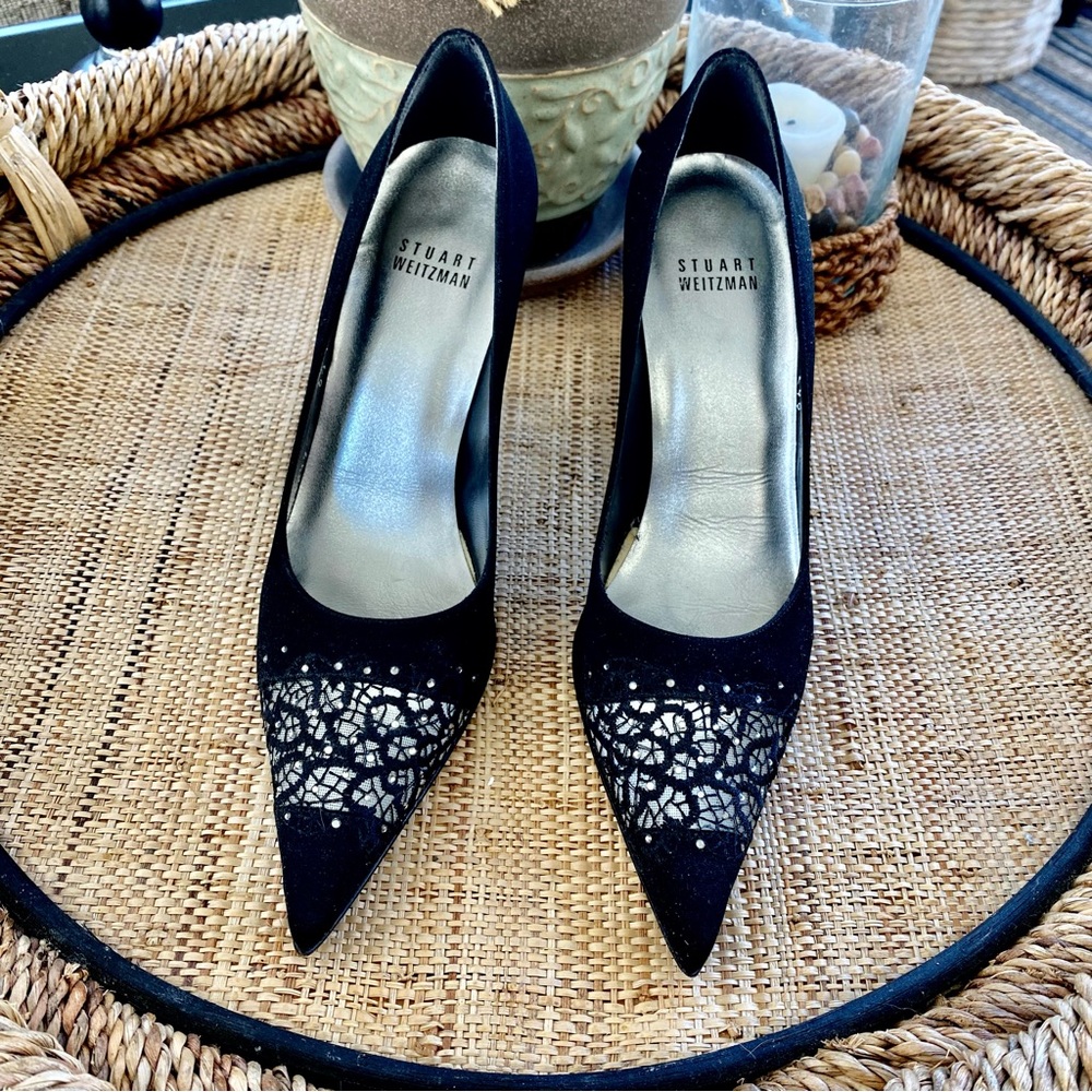 Stuart Weitzman Women’s Swarovski Crystal Dress Heels Black Satin